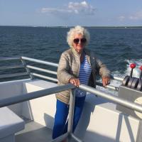 Lisa on the boat to Chesapeake Lighthouse