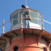 Steve all the way at the top of the Isle La Motte Lighthouse - not too big of a climb